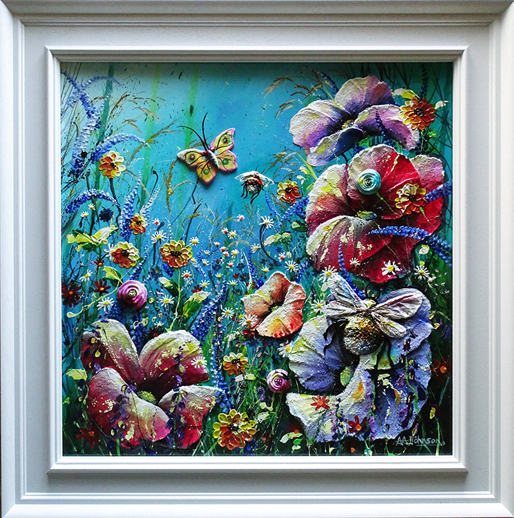 colourful wild poppies in fine art painting with daisies and insectsFOR SITE